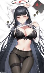 1girl black_bra black_hair black_panties blue_archive blunt_bangs bra breasts cleavage condom condom_wrapper dakimakura_(medium) frown glaring hair_ornament hairclip halo highres large_breasts long_hair looking_at_viewer navel panties panties_under_pantyhose pantyhose parted_lips ribbed_sweater rio_(blue_archive) shinalpha solo sweater tablet_pc turtleneck turtleneck_sweater underwear very_long_hair white_sweater