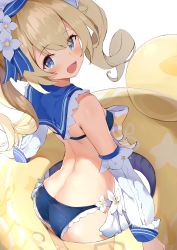 Rule 34 | 1girl, :d, ass, back, barbara (genshin impact), barbara (summertime sparkle) (genshin impact), bikini, blonde hair, blue bikini, blue eyes, blue sailor collar, blush, breasts, commentary request, cowboy shot, detached sleeves, flower, from behind, genshin impact, hair flower, hair ornament, highres, innertube, long hair, long sleeves, looking at viewer, looking back, natsuichi-sama, official alternate costume, open mouth, sailor collar, simple background, small breasts, smile, solo, swim ring, swimsuit, twintails, white background, white flower