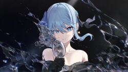Rule 34 | 1girl, alternate costume, bare shoulders, black dress, black gold saw, blue eyes, blue hair, cup, dress, earrings, hair between eyes, highres, holding, holding cup, hololive, hoshimachi suisei, jewelry, looking at viewer, medium hair, parted lips, portrait, smile, solo, stoner08, virtual youtuber