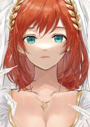 Rule 34 | 1girl, aqua eyes, artist request, close-up, closed mouth, collarbone, dot nose, feathers, gold trim, hair between eyes, hair ornament, highres, jewelry, lips, looking at viewer, medium hair, necklace, orange hair, original, sierra (ramzyuu), solo, straight-on, tareme
