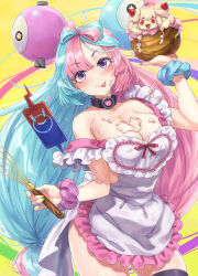 Rule 34 | 1girl, :p, absurdres, alcremie, alternate costume, apron, black collar, blue hair, blue nails, breasts, caee penguin, character hair ornament, cleavage, collar, creatures (company), food, food on body, food on breasts, food on face, frilled apron, frills, game freak, gen 1 pokemon, gen 4 pokemon, gen 8 pokemon, green nails, hair ornament, heart apron, highres, icing, iono (pokemon), large breasts, long hair, looking at viewer, magnemite, multicolored hair, multicolored nails, nail polish, naked apron, nintendo, pink hair, pink nails, pokemon, pokemon (creature), pokemon sv, purple eyes, ribbon hair, rotom, rotom phone, scrunchie, skindentation, smile, solo, sweets, thighs, tongue, tongue out, two-tone hair, very long hair, whisk, white apron, wrist scrunchie, yellow background, yellow nails