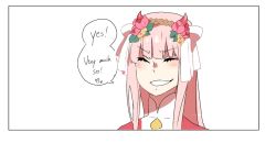 Rule 34 | 10s, 1girl, blush, closed eyes, colorized, comic, darling in the franxx, english text, flower, hair flower, hair ornament, horns, long hair, melonenbrot, oni horns, pink hair, red horns, solo, speech bubble, zero two (darling in the franxx)