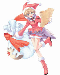 Rule 34 | 1girl, boots, cat, chiyoko, christmas, hat, jester cap, santa costume, scroll, signature, simple background, solo
