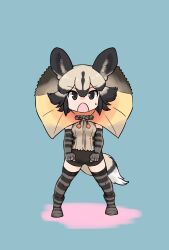 Rule 34 | 1girl, african wild dog (kemono friends), animal ears, bare shoulders, black shorts, blonde hair, blush, bow, bowtie, brown cape, brown eyes, brown gloves, brown hair, brown shirt, brown thighhighs, cape, dog ears, dog tail, elbow gloves, frilled lizard (kemono friends) (kemono friends), gloves, gravi pig4891, hair between eyes, highres, kemono friends, looking at viewer, multicolored hair, open mouth, orange cape, shirt, short hair, short shorts, shorts, sidelocks, solo, striped clothes, striped gloves, striped thighhighs, sweatdrop, tail, thighhighs, two-tone cape