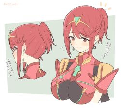 Rule 34 | 1girl, alternate hairstyle, blush, breasts, chest jewel, earrings, flying sweatdrops, gem, headpiece, highres, jewelry, large breasts, mochimochi (xseynao), multiple views, nintendo, ponytail, pyra (xenoblade), red eyes, red hair, short hair, short ponytail, sidelocks, simple background, translation request, twitter username, two-tone background, upper body, xenoblade chronicles (series), xenoblade chronicles 2