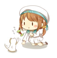Rule 34 | 10s, 1girl, baron (x5qgeh), blush stickers, brown hair, cat, error musume, girl holding a cat (kancolle), hat, kantai collection, kneeling, long hair, school uniform, serafuku, smile, triangle mouth, twintails