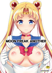 Rule 34 | 1girl, asahina hikage, bishoujo senshi sailor moon, blonde hair, blouse, blue eyes, blue sailor collar, bow, breasts, breasts out, brooch, choker, crescent, crescent earrings, double bun, earrings, elbow gloves, frown, gloves, hair bun, highres, jewelry, long hair, magical girl, medium breasts, nipples, no bra, open clothes, open shirt, parted bangs, red bow, sailor collar, sailor moon, shirt, simple background, solo, tiara, tsukino usagi, twintails, undressing, white background, white gloves, white shirt