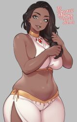 Rule 34 | 1girl, agawa ryou, breasts, brown hair, choker, clothing cutout, commentary, cowboy shot, dark-skinned female, dark skin, dated, english commentary, halterneck, hands in hair, jewelry, large breasts, long hair, looking at viewer, mature female, midriff, navel, original, signature, simple background, skindentation, sleeveless, smile, solo, thick thighs, thigh cutout, thighs, wide hips