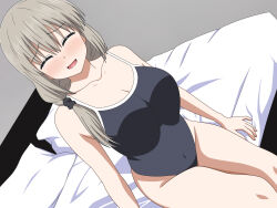 Rule 34 | 1girl, bed, blush, breasts, cleavage, closed eyes, covered navel, female focus, groin, highres, indoors, large breasts, legs, light brown hair, long hair, low ponytail, mature female, on bed, one-piece swimsuit, open mouth, pillow, sitting, smile, solo, swimsuit, thighs, uzaki-chan wa asobitai!, uzaki tsuki