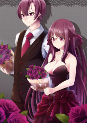 Rule 34 | 1boy, 1girl, bare arms, bare shoulders, black vest, blush, bouquet, braid, breasts, cleavage, closed mouth, collared shirt, dress, flower, french braid, glasses, highres, holding, large breasts, long hair, necktie, nekobaka, original, purple dress, purple eyes, purple flower, purple hair, purple rose, red neckwear, rimless eyewear, rose, shirt, smile, standing, very long hair, vest, wing collar
