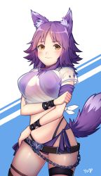 Rule 34 | 1girl, absurdres, animal ear fluff, animal ears, bad id, bad pixiv id, bikini, bikini under clothes, blush, breasts, commentary request, hand on own hip, highres, large breasts, looking at viewer, makoto (princess connect!), makoto (summer) (princess connect!), princess connect!, purple bikini, purple hair, see-through, see-through skirt, skirt, solo, swimsuit, tail, thigh strap, wolf ears, wolf girl, wolf tail, yugo (yuno65)