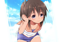 Rule 34 | 10s, 1girl, bare shoulders, blush, brown eyes, brown hair, fujisaki hikari, i-401 (kancolle), kantai collection, leaning forward, looking at viewer, one-piece swimsuit, ponytail, sailor collar, school swimsuit, school uniform, short hair, short ponytail, smile, solo, swimsuit, swimsuit under clothes, tan, wet
