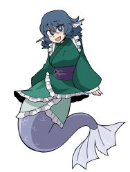 Rule 34 | 1girl, :d, absurdres, blue eyes, blue hair, commentary, eddybird55555, english commentary, fins, frilled kimono, frills, full body, green kimono, head fins, highres, japanese clothes, kimono, long sleeves, looking at viewer, mermaid, monster girl, open mouth, panties, parody, sash, simple background, smile, solo, style parody, touhou, underwear, vanripper (style), wakasagihime, white background, white panties, wide sleeves