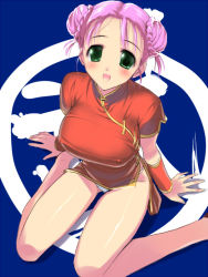 Rule 34 | 1990s (style), 1girl, breasts, china dress, chinese clothes, double bun, dress, final fantasy, final fantasy v, green eyes, hima, large breasts, lenna charlotte tycoon, monk, monk (final fantasy), panties, pink hair, short hair, sitting, smile, solo, underwear, white panties