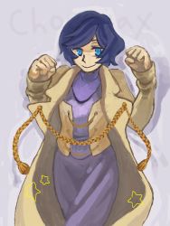 Rule 34 | 1girl, aiguillette, artist name, blue eyes, blue hair, chocojax, clenched hands, coat, dress, feet out of frame, original, parted bangs, purple dress, short hair, simple background, smile, solo, star (symbol), trench coat, turtleneck, turtleneck dress, yellow coat