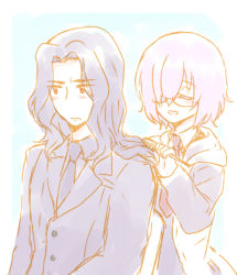 Rule 34 | 1boy, 1girl, bad id, bad pixiv id, berserker (fate/zero), brushing hair, comb, fate/grand order, fate/zero, fate (series), father and daughter, formal, glasses, hair over one eye, long hair, mash kyrielight, mutsume, necktie, purple hair, short hair, suit