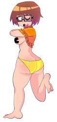Rule 34 | 1girl, absurdres, ass, bare legs, barefoot, breasts, butt crack, censored nipples, feet, female focus, glasses, gluteal fold, highres, jiansketch, lifted by self, one eye closed, panties, scooby-doo, sideboob, solo, top pull, underwear, velma dace dinkley