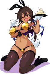 Rule 34 | 1girl, absurdres, animal ears, bikini, blush, breasts, brown hair, brown thighhighs, buta-don, cleavage, fake animal ears, fake tail, fang, gold bikini, hair ribbon, high heels, highres, large breasts, long hair, navel, one eye closed, open mouth, original, rabbit ears, rabbit tail, red eyes, ribbon, simple background, smile, solo, swimsuit, tail, thighhighs, twintails, white background