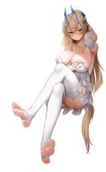 Rule 34 | 1girl, absurdres, arm up, ass, bare shoulders, blonde hair, blue eyes, blush, breast press, breasts, bridal gauntlets, cleavage, commission, crossed legs, dress, feet, garter straps, hair ornament, highres, horns, large breasts, long hair, looking at viewer, original, pharamacom, puckered lips, simple background, sitting, soles, solo, stirrup legwear, strapless, strapless dress, thighhighs, toeless legwear, toes, very long hair, white background, white dress, white thighhighs