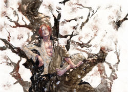 Rule 34 | 1boy, barefoot, cherry blossoms, highres, in tree, kusaco, male focus, one piece, petals, red hair, sakura tree, scar, shanks (one piece), solo, tree, wallpaper