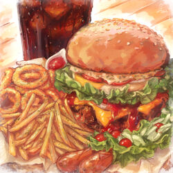 Rule 34 | burger, cheese, cola, cup, cyasha, drink, drinking glass, food, food focus, french fries, fried egg, ketchup, lettuce, meat, no humans, onion, onion rings, original, sausage, signature, soda, tomato