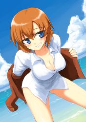 Rule 34 | 1girl, blue eyes, blush, bottomless, breasts, charlotte e. yeager, cleavage, cloud, day, happy, highres, long hair, makaze (t-junction), medium breasts, no panties, ocean, orange hair, shirt, smile, solo, strike witches, summer, teeth, undressing, white shirt, world witches series