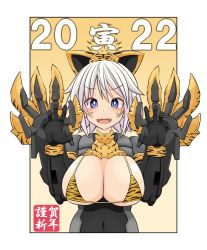 Rule 34 | 1girl, 2022, 30 minutes sisters, animal ears, animal print, bikini, bikini top only, blue eyes, blush, breasts, bright pupils, character request, chinese zodiac, claw pose, fangs, hands up, happy new year, highres, imagawa akira, large breasts, looking at viewer, micro bikini, new year, print bikini, short hair, smile, solo, swimsuit, tiger ears, tiger print, white hair, year of the tiger