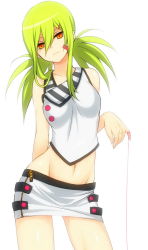 Rule 34 | 1girl, abs, bare shoulders, blonde hair, green hair, groin, lang (chikage36), long hair, looking at viewer, midriff, miniskirt, navel, original, ponytail, simple background, skirt, solo, string, string of fate, twintails, white background, yellow eyes