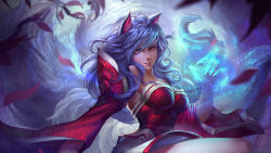 Rule 34 | 1girl, ahri (league of legends), animal ears, bare shoulders, black hair, breasts, cleavage, detached sleeves, eyeliner, eyeshadow, facial mark, female focus, fox ears, fox tail, highres, impossible clothes, impossible shirt, korean clothes, large breasts, league of legends, long hair, looking at viewer, magic, makeup, multiple tails, parted lips, realistic, shirt, smile, solo, tail, upper body, wavy hair, whisker markings, x.four, yellow eyes