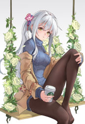 Rule 34 | 1girl, black pantyhose, blush, coffee cup, cup, disposable cup, flower, grey hair, hair flower, hair ornament, highres, long hair, looking at viewer, mahjong soul, miso (b7669726), no shoes, pantyhose, parted lips, rose, side ponytail, sitting, soles, solo, starbucks, sweater, swing, turtleneck, turtleneck sweater, white background, white flower, white rose, yagi yui, yellow eyes