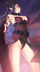 Rule 34 | 1girl, armpit crease, bare shoulders, belt, blush, breasts, cameltoe, cleavage, closed mouth, cloud, commentary request, copyright request, demon girl, demon horns, detached collar, detached sleeves, feet out of frame, from below, groin, highres, horns, kuro chairo no neko, large breasts, leotard, long hair, looking afar, looking away, night, night sky, outdoors, pink lips, pointy ears, purple hair, purple leotard, red eyes, shingeki no bahamut, sky, smile, solo, standing, star (sky), starry sky, strapless, strapless leotard, thighs, very long hair