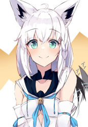 Rule 34 | 1girl, absurdres, ahoge, animal ear fluff, animal ears, blue neckerchief, blush, braid, breasts, collarbone, commentary request, deen (hnxp8555), detached sleeves, extra ears, fox ears, fox girl, fox tail, green eyes, hair between eyes, highres, hololive, hood, hoodie, long hair, looking at viewer, neckerchief, shirakami fubuki, shirakami fubuki (1st costume), sidelocks, simple background, single braid, small breasts, smile, solo, tail, virtual youtuber, white hair, white hoodie