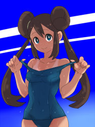 Rule 34 | 10s, 1girl, @@@, bad id, bad pixiv id, blue eyes, blush, breasts, brown hair, creatures (company), double bun, game freak, hair bun, long hair, looking at viewer, nintendo, one-piece swimsuit, pokemon, pokemon bw2, rosa (pokemon), school swimsuit, smile, solo, strap pull, swimsuit, tan, tanline, twintails, wet