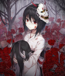 Rule 34 | 1girl, bare tree, black hair, blood, blood on clothes, blood on face, bone, disembodied head, expressionless, flower, fog, holding head, horns, huwari (dnwls3010), japanese clothes, kimono, long sleeves, looking at viewer, mask, mask on head, original, pointy ears, red eyes, red flower, red rose, rose, short hair, silk, skeleton, skull, solo, spider web, tree, upper body, white kimono