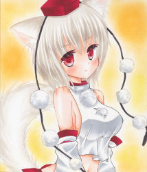Rule 34 | 1girl, animal ears, asa1014, bad id, bad pixiv id, bare shoulders, blush, breasts, detached sleeves, hat, impossible clothes, impossible shirt, inubashiri momiji, large breasts, light smile, looking at viewer, midriff, navel, pom pom (clothes), red eyes, shirt, short hair, sideboob, silver hair, solo, tail, tokin hat, touhou, wolf ears, wolf tail