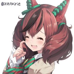 Rule 34 | 1girl, animal ears, black hair, blush, bow, bowtie, brown hair, closed eyes, ear bow, ear covers, green bow, green bowtie, hair between eyes, hair ornament, highres, horse ears, horse girl, irie keisuke (handn), long sleeves, medium hair, multicolored bowtie, multicolored hair, nice nature (umamusume), open mouth, puffy sleeves, red bow, red bowtie, scratching cheek, simple background, smile, solo, streaked hair, twintails, twitter username, umamusume, white background