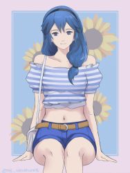 Rule 34 | 1girl, absurdres, alternate costume, bag, bare shoulders, belt, black hairband, blue eyes, blue hair, blue shorts, closed mouth, collarbone, commentary, crop top, english commentary, fire emblem, fire emblem awakening, fire emblem heroes, flower, hairband, handbag, highres, long hair, looking at viewer, low tied hair, lucina (fire emblem), navel, nintendo, off shoulder, shirt, shorts, sitting, solo, striped clothes, striped shirt, sunflower, super smash bros., thighs, tommy (kingdukeee)