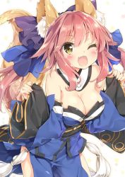 Rule 34 | 10s, 1girl, ;d, animal ears, bare shoulders, blush, bow, breasts, cleavage, detached sleeves, fang, fate/extra, fate (series), fox ears, fox tail, hair bow, japanese clothes, kani biimu, large breasts, leaning forward, obi, one eye closed, open mouth, pink hair, sash, sleeves past wrists, smile, solo, tail, tamamo (fate), tamamo no mae (fate/extra), twintails, wink, yellow eyes