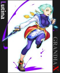 Rule 34 | 1girl, blue hair, bodysuit, breasts, character name, cleavage, commentary request, copyright name, full body, grandia, grandia xtreme, jewelry, knife, lutina (grandia), necklace, pointy ears, short hair, solo, titto (grandia), yellow eyes