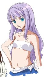 Rule 34 | 00s, 1girl, bandeau, bare shoulders, blue eyes, breasts, brown hair, collarbone, gloves, hand on own hip, long hair, looking at viewer, mashiro blan de windbloom, midriff, my-otome, navel, oekaki, onija tarou, parted lips, purple hair, sidelocks, simple background, small breasts, smile, solo focus, stomach, strapless, upper body, very long hair, white background, white bandeau, white gloves