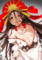 Rule 34 | 1girl, bare shoulders, bead necklace, beads, blush, body markings, breasts, brown eyes, brown hair, cleavage, dress, facial mark, fate/grand order, fate (series), forehead, forehead mark, himiko (fate), himiko (third ascension) (fate), jewelry, kujiran, large breasts, long hair, looking at viewer, magatama, magatama necklace, necklace, open mouth, sash, smile, white dress