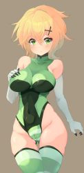 Rule 34 | 1girl, absurdres, akatsuki kirika, akisuko, bare shoulders, blonde hair, breasts, cameltoe, covered navel, elbow gloves, gloves, gluteal fold, green eyes, green leotard, hair ornament, highres, large breasts, legs together, leotard, looking at viewer, senki zesshou symphogear, shiny skin, short hair, skin tight, solo, standing, striped clothes, striped thighhighs, thigh gap, thighhighs, x hair ornament