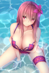 Rule 34 | 1girl, bikini, breasts, fate/grand order, fate (series), flower, from above, hair flower, hair ornament, hibiscus, highres, large breasts, lens flare, long hair, looking at viewer, ocean, red eyes, scathach (fate), scathach (fate), scathach (swimsuit assassin) (fate), sitting, smile, solo, swimsuit, tapisuke