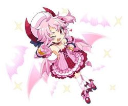 Rule 34 | 1girl, ahoge, choker, demon girl, demon tail, demon wings, detached sleeves, disgaea, dress, fang, full body, gloves, hat, low wings, majolene, makai senki disgaea 6, one eye closed, open mouth, pink dress, pink gloves, pink hair, pink tail, pink theme, pink wings, pointy ears, red choker, red eyes, red footwear, shoes, short hair, side ponytail, simple background, solo, spaghetti strap, tail, thighhighs, white background, white thighhighs, wings, wink