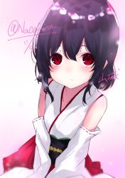 Rule 34 | 1girl, bare shoulders, black hair, blush, child, closed mouth, detached sleeves, gradient background, hair ornament, highres, japanese clothes, kantai collection, looking at viewer, na-code (gurich), one-hour drawing challenge, red eyes, short hair, solo, twitter username, yamashiro (kancolle)