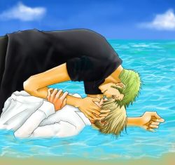Rule 34 | 2boys, beach, blonde hair, finger in mouth, finger sucking, green hair, lowres, male focus, multiple boys, one piece, outdoors, roronoa zoro, sanji (one piece), smile, smirk, water, yaoi