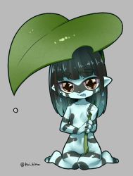 Rule 34 | :p, barefoot, black hair, black skin, blue skin, blue tongue, blunt bangs, breasts, brown eyes, closed mouth, colored skin, colored tongue, commentary request, fewer digits, frog girl, full body, green hair, grey background, holding, holding leaf, kai himo, leaf, long hair, looking at viewer, mini person, minigirl, monster girl, multicolored eyes, multicolored skin, no nipples, nude, one-hour drawing challenge, original, pointy ears, simple background, sitting, small breasts, smile, solo, tongue, tongue out, twitter username, wariza, water drop