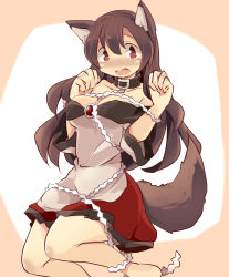 Rule 34 | 1girl, animal ears, bare shoulders, breasts, brown background, brown hair, cleavage, collar, dress, highres, imaizumi kagerou, looking at viewer, mukuroi, off-shoulder dress, off shoulder, open mouth, red eyes, solo, tail, touhou, two-tone background, white background, white dress, wolf ears, wolf girl, wolf tail