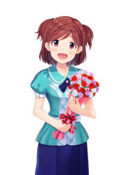 Rule 34 | 1girl, :d, aoba misaki, blue shirt, blue skirt, blush, bouquet, brown eyes, brown hair, flower, highres, holding, holding bouquet, hydro p, idolmaster, idolmaster million live!, idolmaster million live! theater days, looking at viewer, medium hair, open mouth, shirt, short sleeves, simple background, skirt, smile, solo, standing, two side up, white background