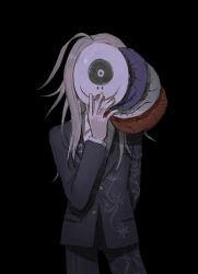 Rule 34 | 1boy, ahoge, arm behind back, black background, blonde hair, collared shirt, commentary request, covered face, cowboy shot, floral print, formal, grey jacket, grey pants, hai (haihki), hand up, highres, holding, holding mask, jacket, long hair, long sleeves, makoto kagutsuchi, male focus, mask, master detective archives: rain code, pants, shirt, simple background, solo, standing, suit, white shirt